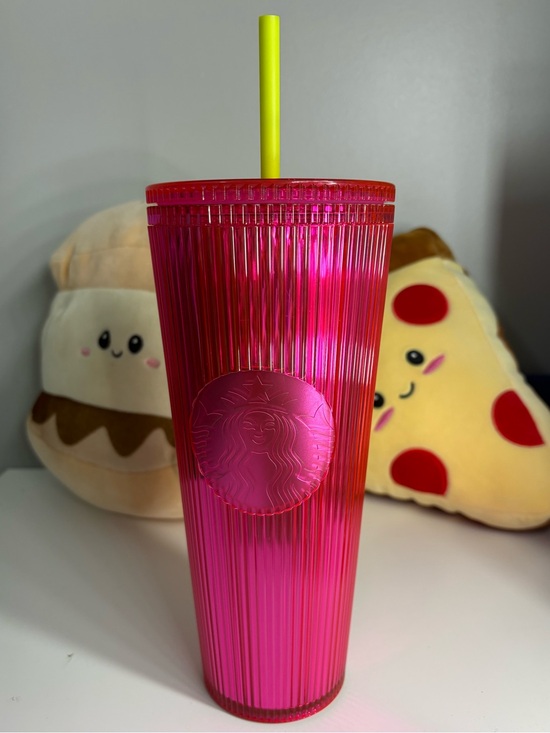 Starbucks Other - Starbucks Pink Ribbed Tumbler with Neon Yellow Straw